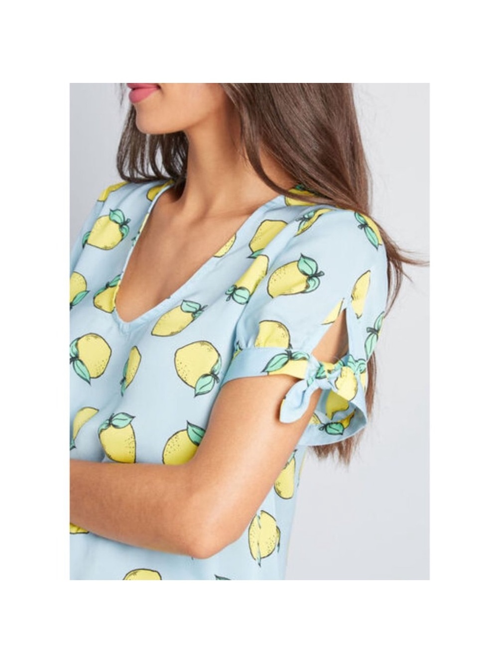 Modcloth Sky Blue Lemon Print Tie-Sleeve Top